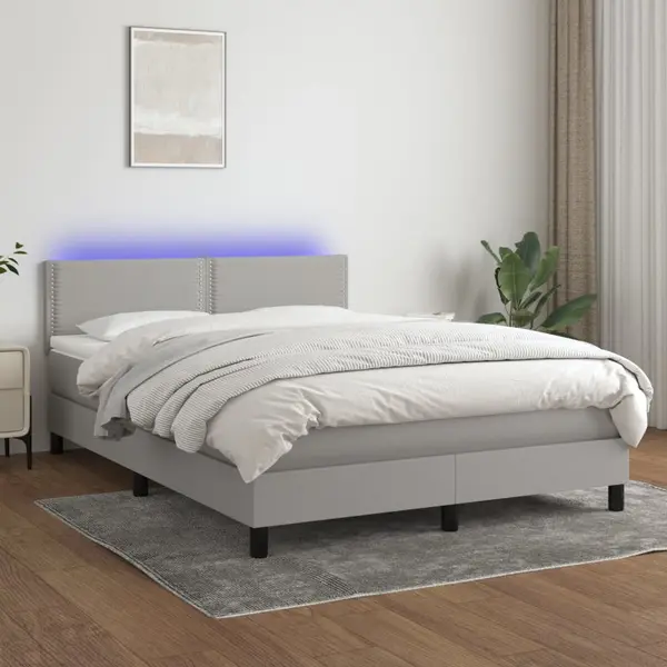 Gossi pat cu arcuri, saltea si led, gri deschis, 140x190 cm, textil