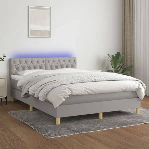 Gossi pat cu arcuri, saltea si led, gri deschis, 140x190 cm, textil