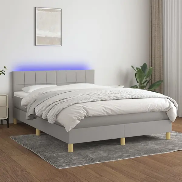 Gossi pat cu arcuri, saltea si led, gri deschis, 140x190 cm, textil