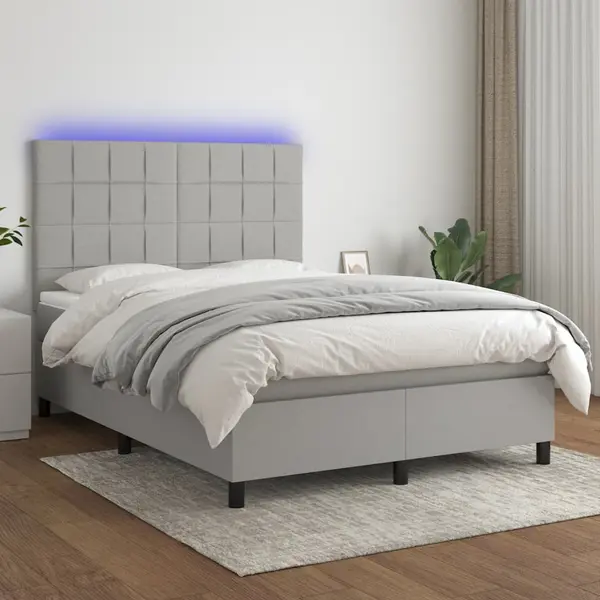 Gossi pat cu arcuri, saltea si led, gri deschis, 140x190 cm, textil