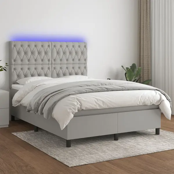Gossi pat cu arcuri, saltea si led, gri deschis, 140x190 cm, textil