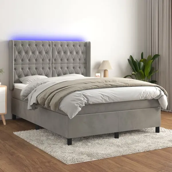Gossi pat cu arcuri, saltea si led, gri deschis, 140x200 cm, catifea