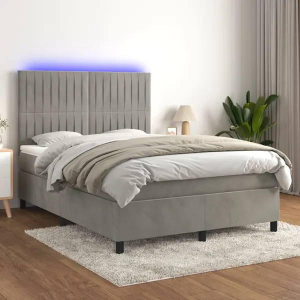 Gossi pat cu arcuri, saltea si led, gri deschis, 140x200 cm, catifea