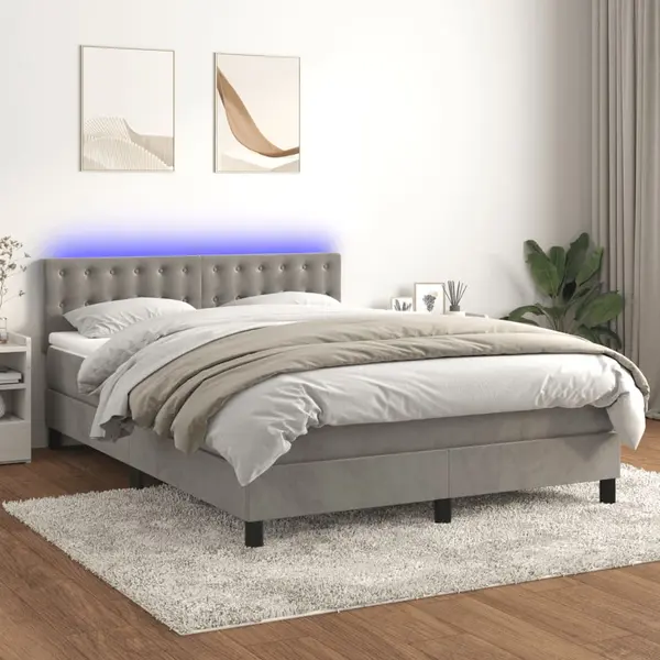 Gossi pat cu arcuri, saltea si led, gri deschis, 140x200 cm, catifea