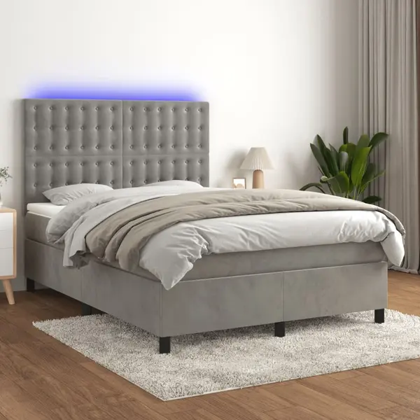 Gossi pat cu arcuri, saltea si led, gri deschis, 140x200 cm, catifea