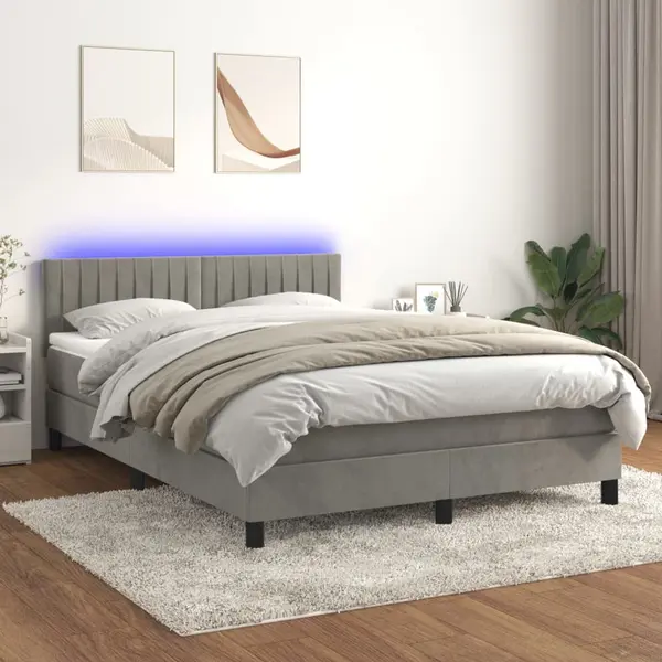 Gossi pat cu arcuri, saltea si led, gri deschis, 140x200 cm, catifea