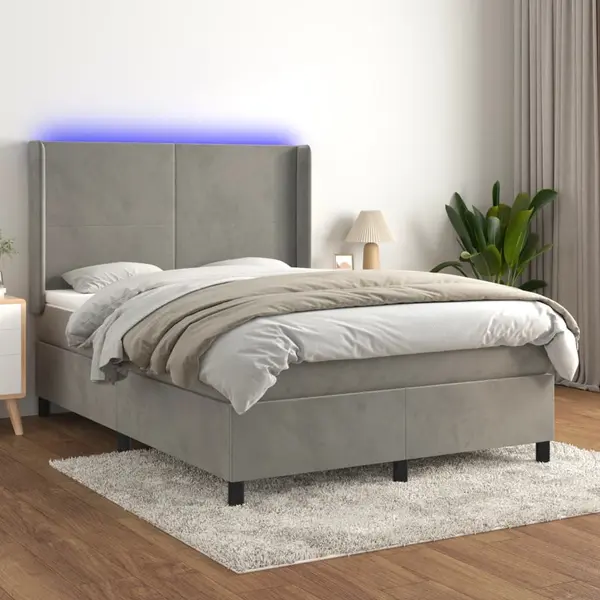 Gossi pat cu arcuri, saltea si led, gri deschis, 140x200 cm, catifea