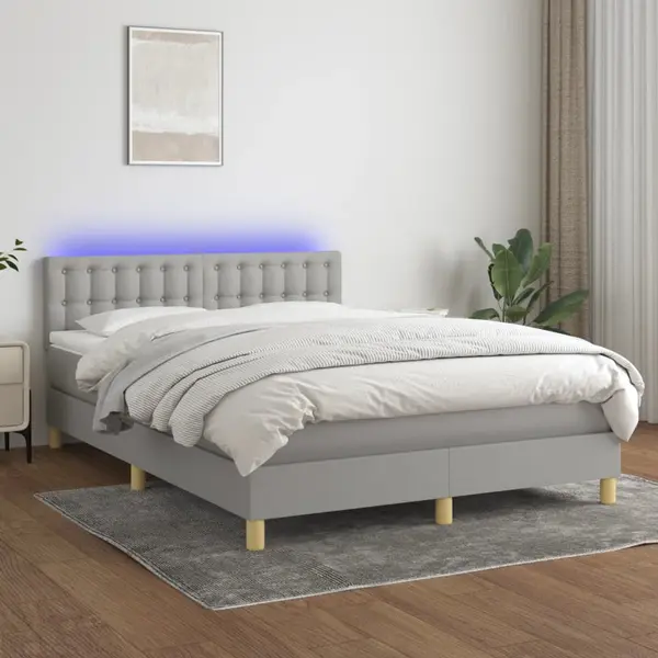 Gossi pat cu arcuri, saltea si led, gri deschis, 140x200 cm, textil