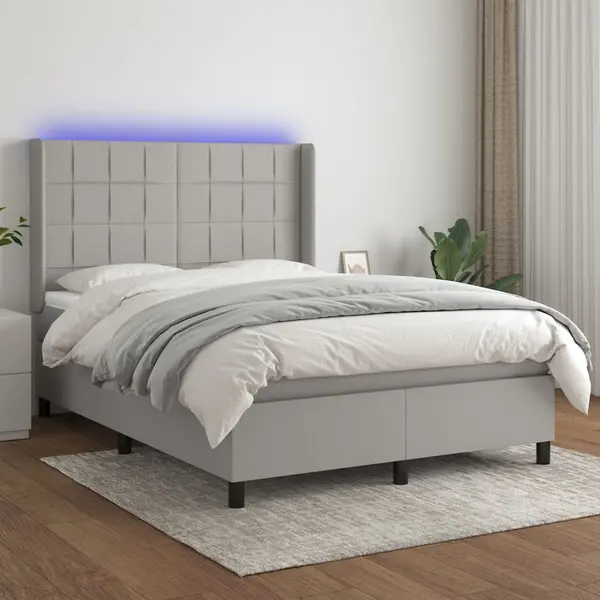 Gossi pat cu arcuri, saltea si led, gri deschis, 140x200 cm, textil