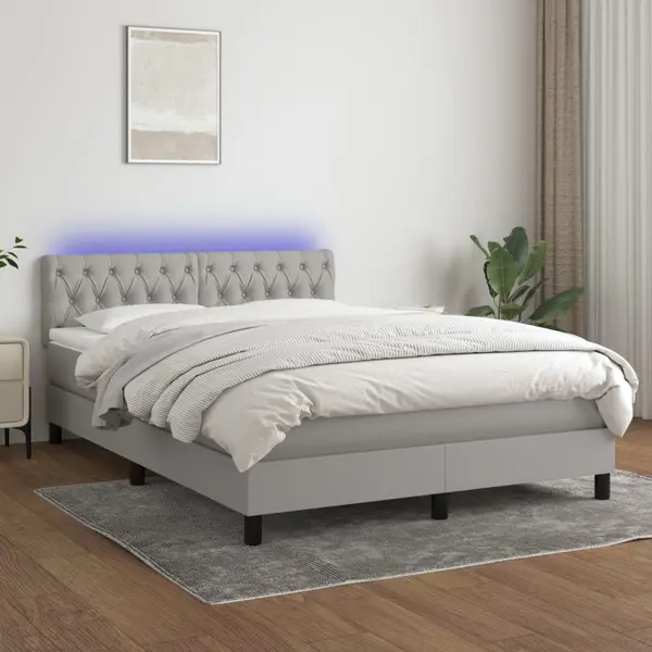 Gossi pat cu arcuri, saltea si led, gri deschis, 140x200 cm, textil