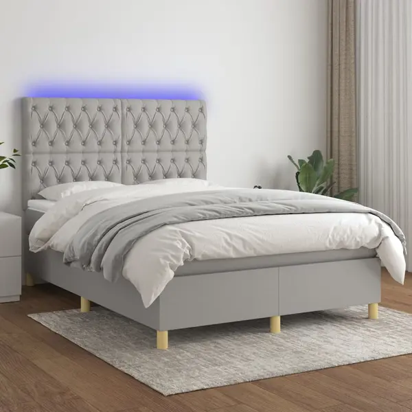Gossi pat cu arcuri, saltea si led, gri deschis, 140x200 cm, textil