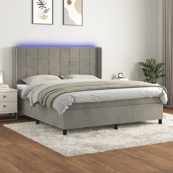 Gossi pat cu arcuri, saltea si led, gri deschis, 160x200 cm, catifea