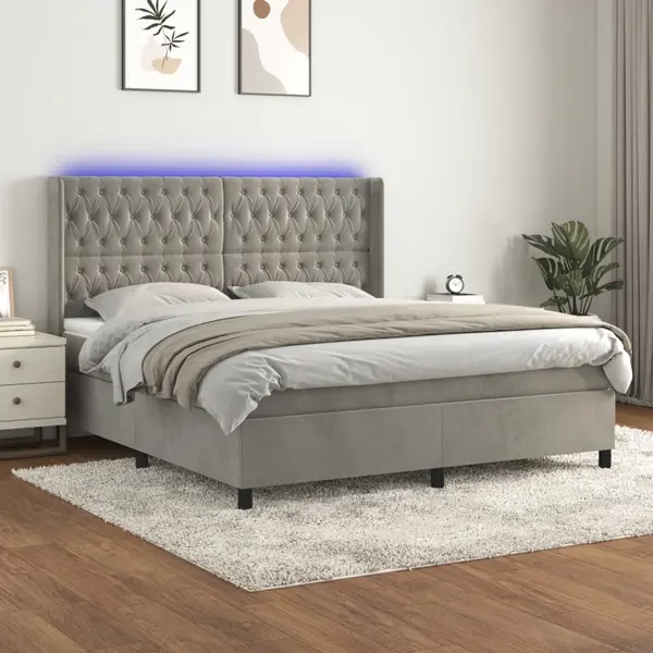 Gossi pat cu arcuri, saltea si led, gri deschis, 160x200 cm, catifea