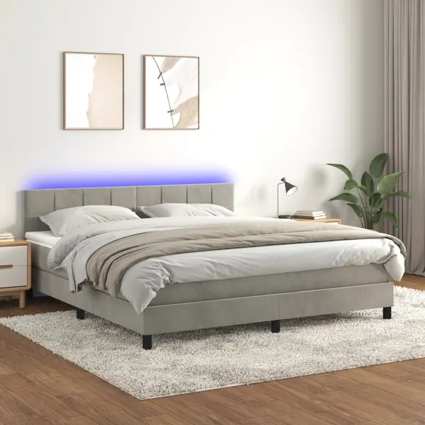 Gossi pat cu arcuri, saltea si led, gri deschis, 160x200 cm, catifea