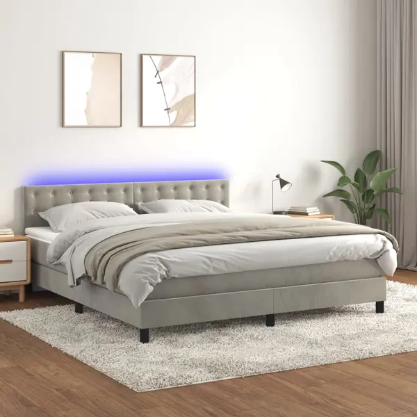 Gossi pat cu arcuri, saltea si led, gri deschis, 160x200 cm, catifea