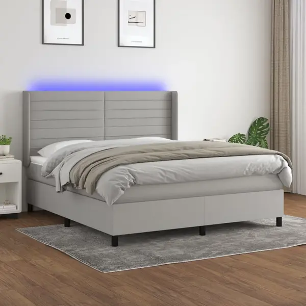 Gossi pat cu arcuri, saltea si led, gri deschis, 160x200 cm, textil