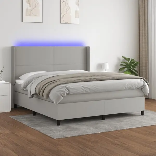 Gossi pat cu arcuri, saltea si led, gri deschis, 160x200 cm, textil