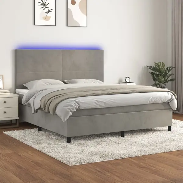 Gossi pat cu arcuri, saltea si led, gri deschis, 180x200 cm, catifea