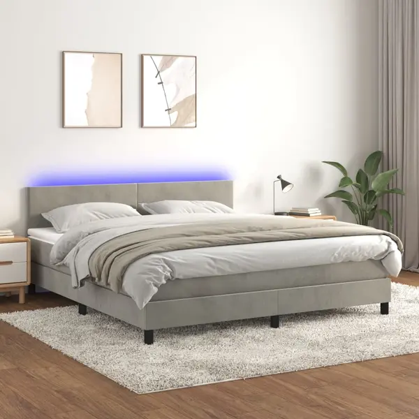 Gossi pat cu arcuri, saltea si led, gri deschis, 180x200 cm, catifea