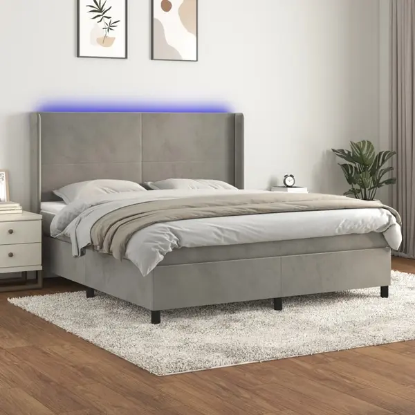 Gossi pat cu arcuri, saltea si led, gri deschis, 180x200 cm, catifea