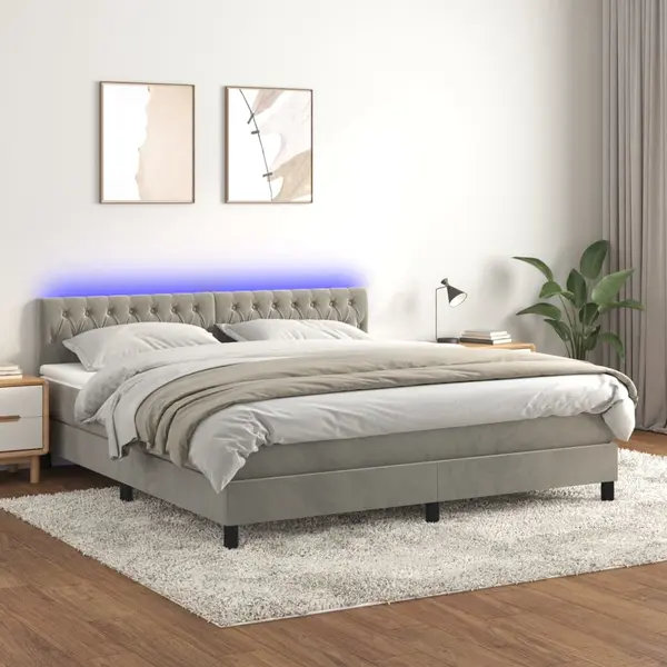Gossi pat cu arcuri, saltea si led, gri deschis, 180x200 cm, catifea