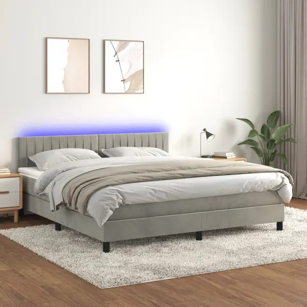 Gossi pat cu arcuri, saltea si led, gri deschis, 180x200 cm, catifea