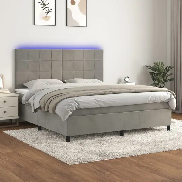 Gossi pat cu arcuri, saltea si led, gri deschis, 180x200 cm, catifea