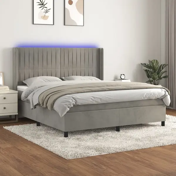 Gossi pat cu arcuri, saltea si led, gri deschis, 180x200 cm, catifea