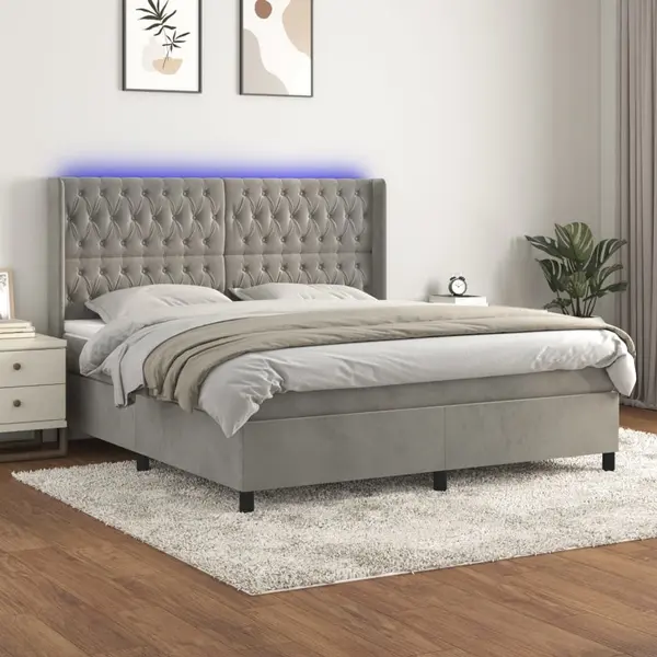 Gossi pat cu arcuri, saltea si led, gri deschis, 180x200 cm, catifea