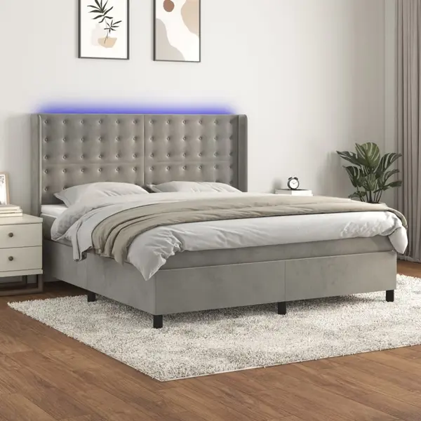Gossi pat cu arcuri, saltea si led, gri deschis, 180x200 cm, catifea