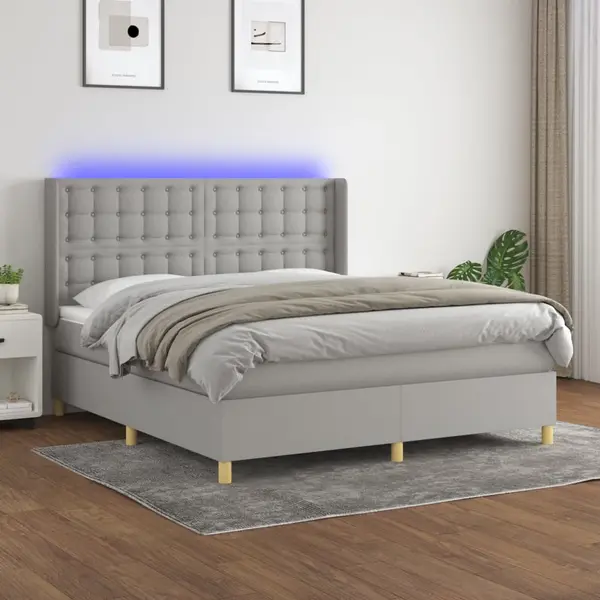 Gossi pat cu arcuri, saltea si led, gri deschis, 180x200 cm, textil