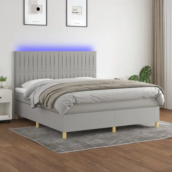 Gossi pat cu arcuri, saltea si led, gri deschis, 180x200 cm, textil