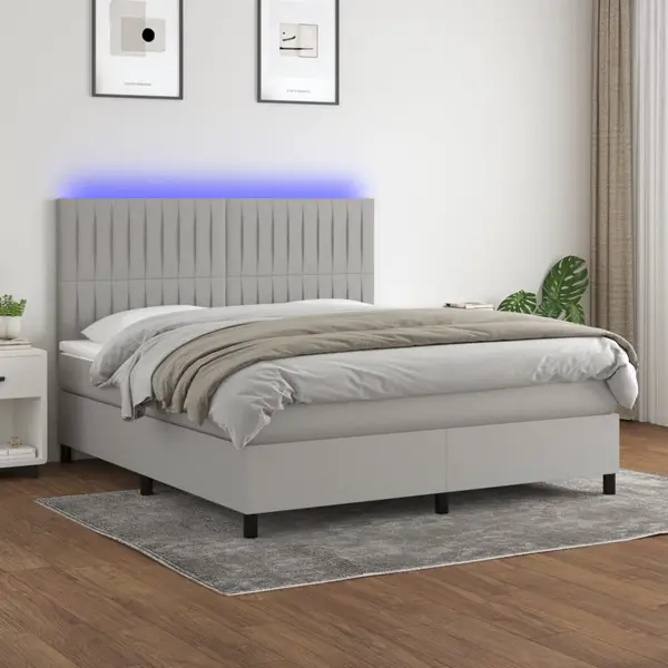 Gossi pat cu arcuri, saltea si led, gri deschis, 180x200 cm, textil