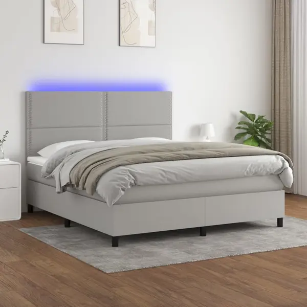 Gossi pat cu arcuri, saltea si led, gri deschis, 180x200 cm, textil