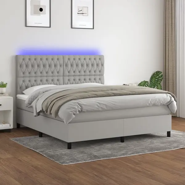 Gossi pat cu arcuri, saltea si led, gri deschis, 180x200 cm, textil