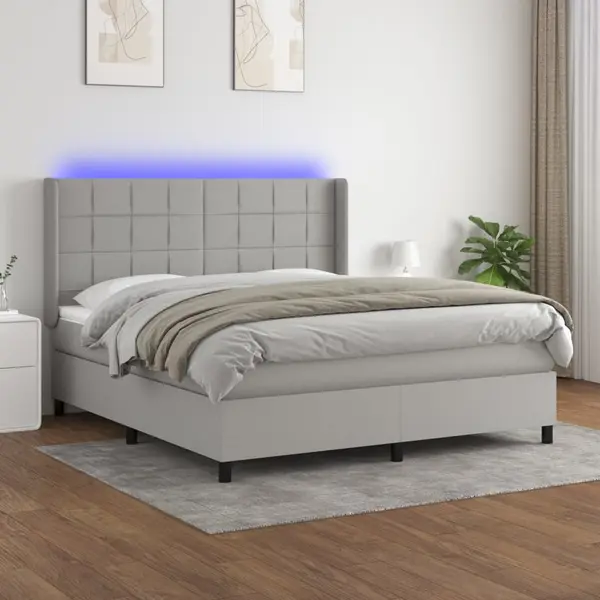 Gossi pat cu arcuri, saltea si led, gri deschis, 180x200 cm, textil