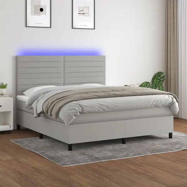 Gossi pat cu arcuri, saltea si led, gri deschis, 180x200 cm, textil