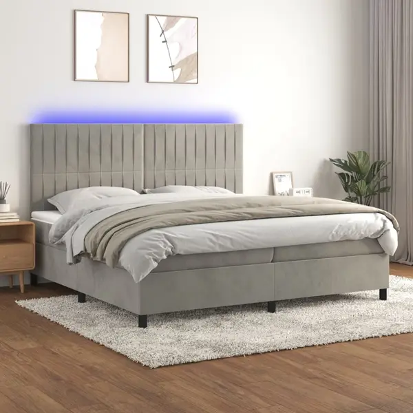 Gossi pat cu arcuri, saltea si led, gri deschis, 200x200 cm, catifea