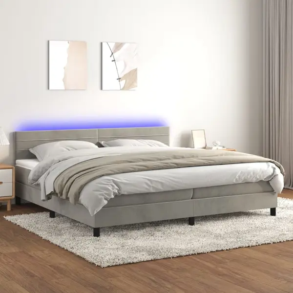 Gossi pat cu arcuri, saltea si led, gri deschis, 200x200 cm, catifea