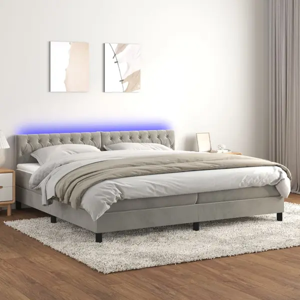 Gossi pat cu arcuri, saltea si led, gri deschis, 200x200 cm, catifea