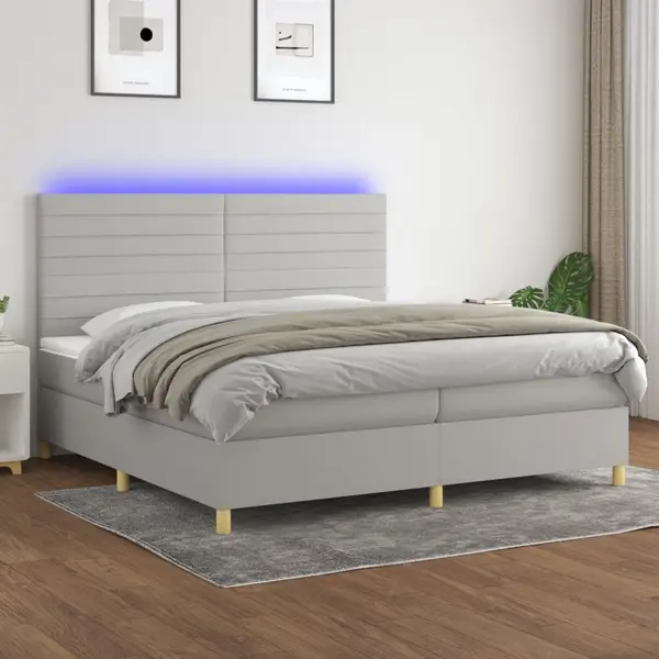 Gossi pat cu arcuri, saltea si led, gri deschis, 200x200 cm, textil