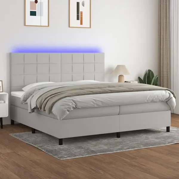 Gossi pat cu arcuri, saltea si led, gri deschis, 200x200 cm, textil