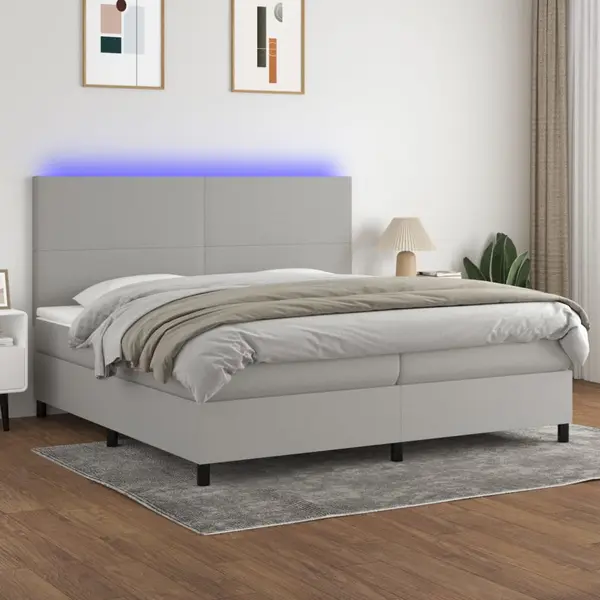 Gossi pat cu arcuri, saltea si led, gri deschis, 200x200 cm, textil