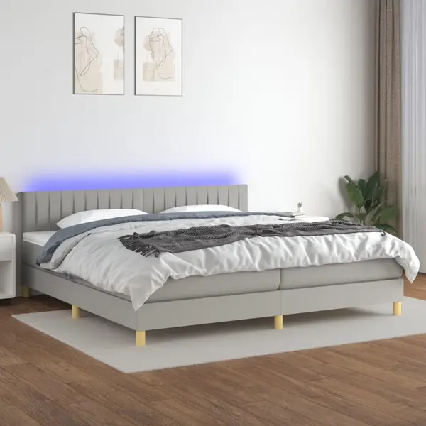 Gossi pat cu arcuri, saltea si led, gri deschis, 200x200 cm, textil