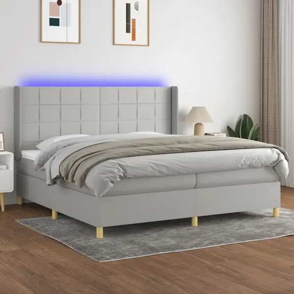 Gossi pat cu arcuri, saltea si led, gri deschis, 200x200 cm, textil