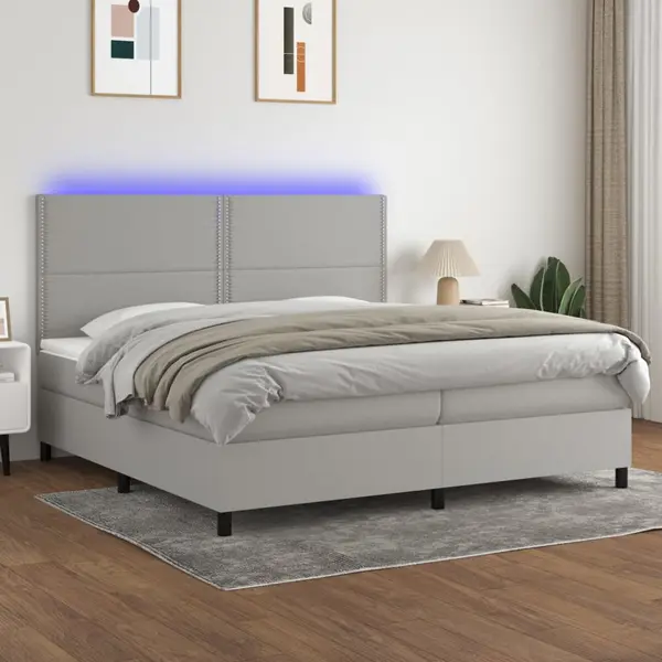 Gossi pat cu arcuri, saltea si led, gri deschis, 200x200 cm, textil