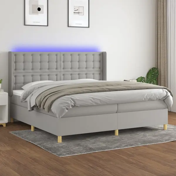 Gossi pat cu arcuri, saltea si led, gri deschis, 200x200 cm, textil