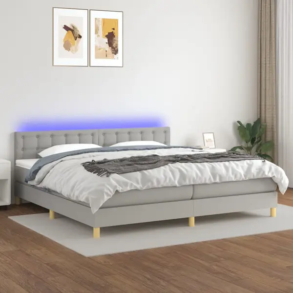 Gossi pat cu arcuri, saltea si led, gri deschis, 200x200 cm, textil