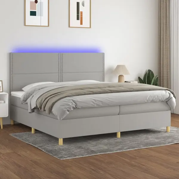 Gossi pat cu arcuri, saltea si led, gri deschis, 200x200 cm, textil