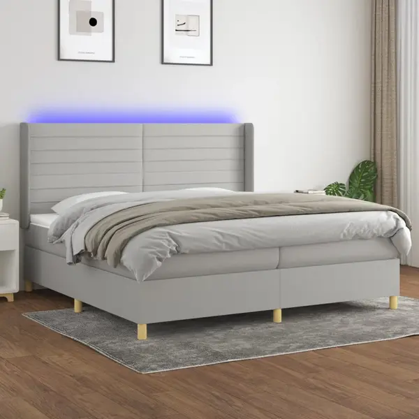 Gossi pat cu arcuri, saltea si led, gri deschis, 200x200 cm, textil
